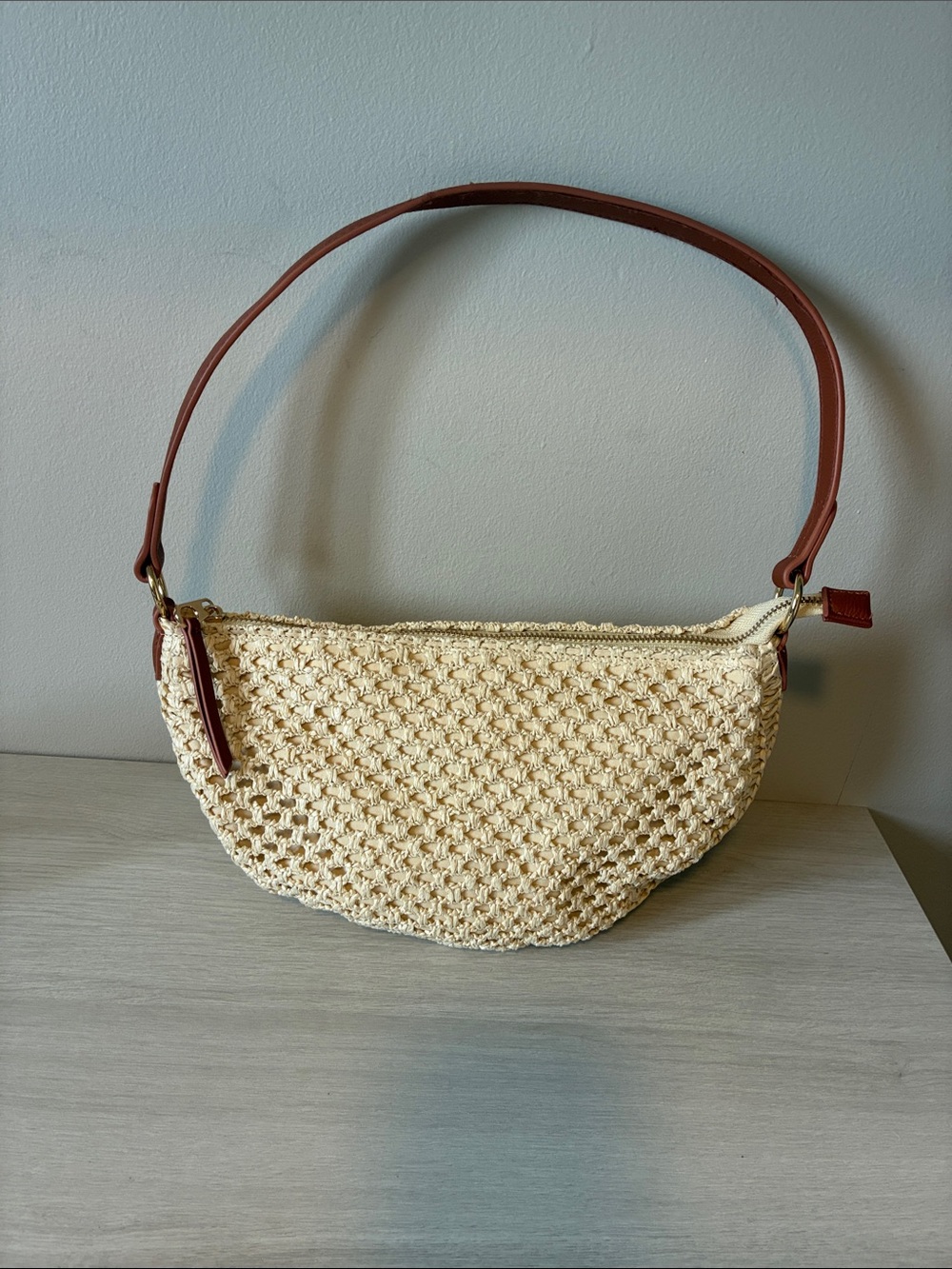 UNIVERSAL THREAD CREAM  Woven Shoulder Bag with Brown Strap -